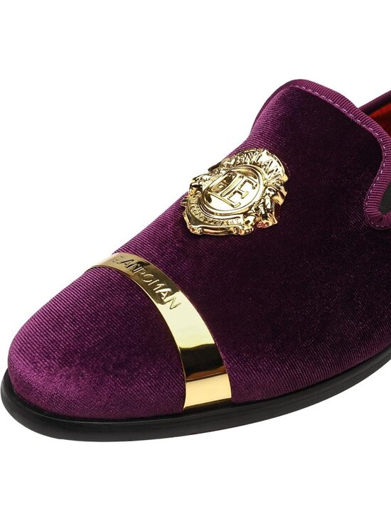 ELANROMAN Men\'s Purple Velvet Loafer Dress Gold Buckle Wedding Party Prom Shoes main image 3